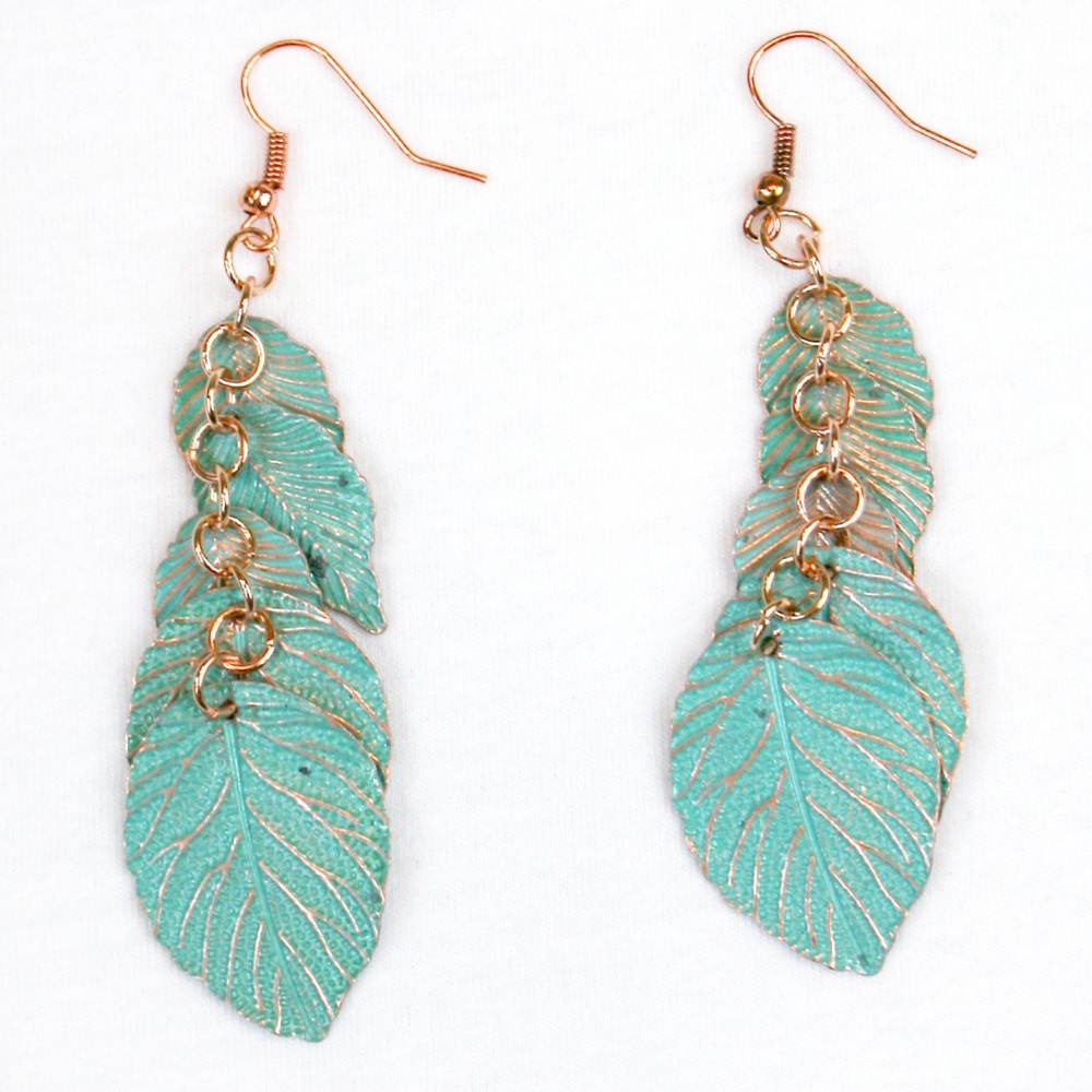 Faux Patina Leaf Drop Earrings NWOT - Picture 3 of 7